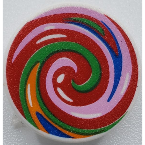 Деталь LEGO 30261pb041 Road Sign 2 x 2 Round with Clip with Blue, Bright Pink, Green, Orange, and Red Swirled Lollipop Pattern