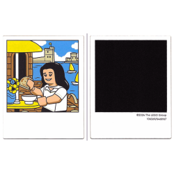 Plastic Polaroid Photo with Minifigure with White Shirt and Black Hair, Outdoor Cafe, Water, and Castle and Black Square on Back Pattern