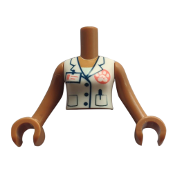 Torso Mini Doll Woman White Vest with Paw Print, ID Badge, and Pockets Pattern, Medium Nougat Arms with Hands