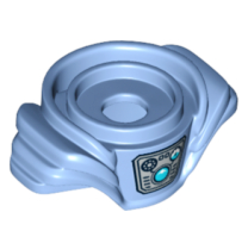 Деталь LEGO 27148pb02 Minifigure Armor Breastplate with Layered Shoulder Protection with Medium Azure Round Crystal and Pressure Gauge on Silver Background Pattern