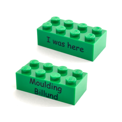 Brick 2 x 4 with Kornmarken Factory Tour Black 'I was here' and 'Moulding Billund' Pattern on Opposite Sides - Green