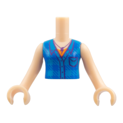 Torso Mini Doll Girl Dark Azure Plaid Shirt over Orange T-Shirt, Dark Purple Lightning Necklace Pattern, Light Nougat Arms with Hands