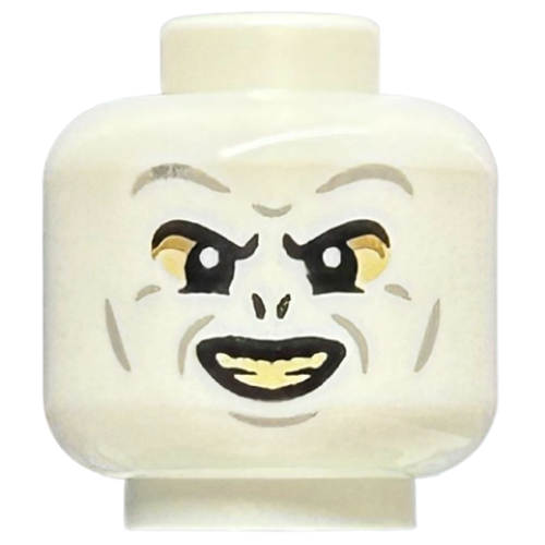 Деталь LEGO 3626pb3399 Minifigure, Head Alien with HP Voldemort Black Eyebrows and Nostrils, Light Bluish Gray Wrinkles, Dark Tan and Tan Eye Shadow, Open Mouth Smile with Bright Light Yellow Teeth Pattern