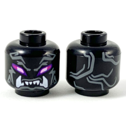 Minifigure, Head Alien Oni with Bright Pink and Magenta Eyes, Dark Bluish Gray Markings, and Open Mouth with White Lower Fangs Pattern