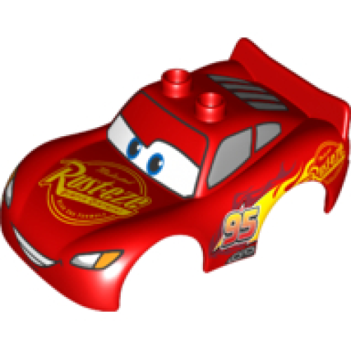 Деталь LEGO 88765pb04 Duplo Car Body 2 Top Studs and Spoiler with Cars Lightning McQueen Rust-Eze and Wide Smile Pattern
