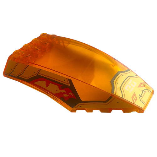 Деталь LEGO 45705pb033 Windscreen 10 x 6 x 2 Curved with Red Flames, Gold Armor, Black Border, and White Symbols Pattern (Stickers) - Set 71773