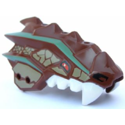 Dragon Head (Ninjago) Jaw Upper Spiny with Dark Tan Scales, Red Eyes, Sand Green Stripes, and White Teeth Pattern