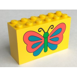 Brick 2 x 6 x 3 with Butterfly with Black Antennae, Bright Green Body, and Red and Blue Wings Pattern