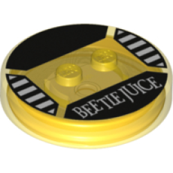 Dimensions Toy Tag 4 x 4 x 2/3 with 2 Studs and Trans-Orange Bottom with White 'BEETLEJUICE' and Stripes on Black Background Pattern (Beetlejuice)