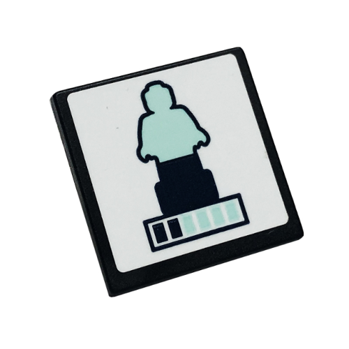 Деталь LEGO 15210pb141 Road Sign 2 x 2 Square with Open O Clip with Light Aqua and Dark Blue Statue Pattern (Sticker) - Set 41711