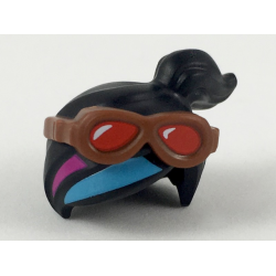 Minifigure, Hair Combo, Female Ponytail Off-center, Reddish Brown Goggles with Red Lenses, Magenta and Medium Azure Stripes Pattern Minifigure, Hair Combo, Female Ponytail Off-center, Reddish Brown Goggles with Red Lenses, Magenta and Medium Azure Stripes Pattern