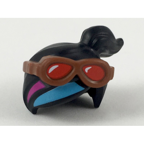 Деталь LEGO 34714pb01 Minifigure, Hair Combo, Female Ponytail Off-center, Reddish Brown Goggles with Red Lenses, Magenta and Medium Azure Stripes Pattern