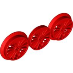 Train Wheel RC, Spoked with Technic Axle Hole and Counterweight, Blind and Flanged Driver, 3 in Bag (Multipack) - Red