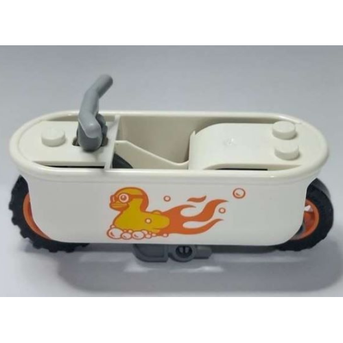 Деталь LEGO 1723pb01c01 Stuntz Flywheel Motorcycle Bathtub Bike with Dark Bluish Gray Frame, Orange Wheels, and Light Bluish Gray Handlebars with Yellow and Orange Flaming Rubber Duck with Bubbles Pattern