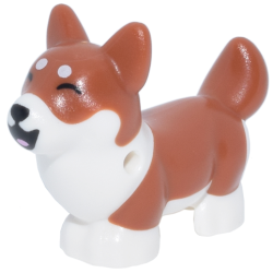 Dog, Friends Style, Corgi with Molded White Lower Body and Face and Printed Black Nose and Mouth, Closed Eyes, Bright Pink Tongue, White Spots Pattern (Marimba)