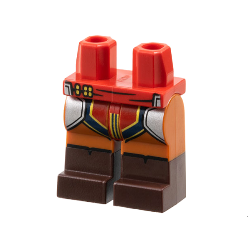 Деталь LEGO 970c68pb06 Hips and Dark Orange Legs with Molded Dark Brown Lower Legs / Boots and Printed Silver Armor, Red and Dark Blue Loincloth with Gold Trim Pattern