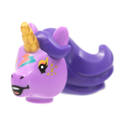 Minifigure, Head, Modified Unicorn with Molded Dark Purple Mane and Printed Gold Horn, Freckles, and Dark Turquoise and Coral Lightning Bolts Pattern Minifigure, Head, Modified Unicorn with Molded Dark Purple Mane and Printed Gold Horn, Freckles, and Dark Turquoise and Coral Lightning Bolts Pattern
