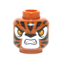 Minifigure, Head Alien Chima Tiger with Bright Light Orange Eyes, Black Nose and Stripes, White Snout and Eye Shadow, Open Mouth Snarl with Fangs Pattern