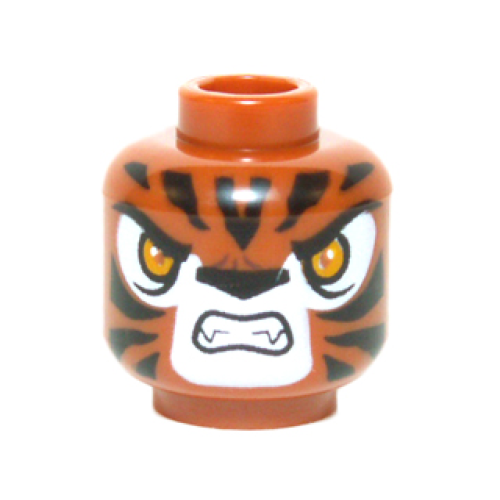 Деталь LEGO 3626pb1299 Minifigure, Head Alien Chima Tiger with Bright Light Orange Eyes, Black Nose and Stripes, White Snout and Eye Shadow, Open Mouth Snarl with Fangs Pattern