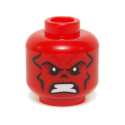 Minifigure, Head Alien with Black and Dark Red Contour Lines, Nose Hole / Nasal Cavity, and White Bared Teeth Pattern