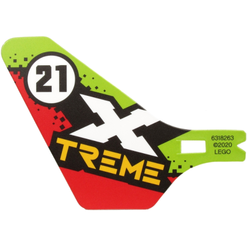 Деталь LEGO 69864 Plastic Tail for Flying Helicopter with 'X TREME' and '21' in Circle on Lime and Red Background Pattern on Both Sides