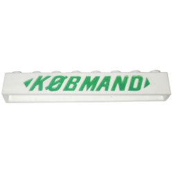 Brick 1 x 8 without Bottom Tubes with Cross Side Supports with Green 'KØBMAND' and Triangles Pattern