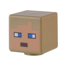 Minifigure, Head, Modified Cube with Pixelated Medium Nougat Face, Blue Eyes, and Dark Brown Mouth Pattern (Minecraft Rancher)