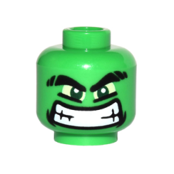 Minifigure, Head Alien with Black Thick Eyebrows, Yellow Eyes and Wide Grin with Teeth Pattern