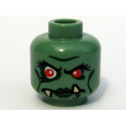 Minifigure, Head Alien Female Troll with Red Eyes, Black Eyebrows, Eyelashes, and Cheek Lines, Dark Green Lips and Eye Shadow, and Tan Uneven Fangs Pattern