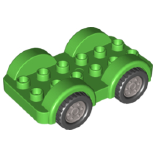 Деталь LEGO 11841c01 Duplo Car Base 2 x 6 with Black Tires with Flat Silver Wheels on Fixed Axles - Bright Green