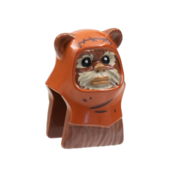 Minifigure, Head, Modified SW Ewok with Dark Orange Hood with Dark Brown Stitching and Wrinkles, Tan Face Fur Pattern