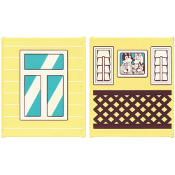 Glass for Window 1 x 6 x 6 Flat Front with Window with Medium Azure Panes, White Frame and Reflections / Bluey Family Photo and Reddish Brown Lattice Railing Pattern Glass for Window 1 x 6 x 6 Flat Front with Window with Medium Azure Panes, White Frame and Reflections / Bluey Family Photo and Reddish Brown Lattice Railing Pattern