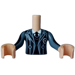 Torso Mini Doll Girl Dark Bluish Gray Striped Jacket over Black Sweater and Tie over White Shirt Pattern, Medium Tan Arms with Hands with Black Long Sleeves with Dark Bluish Gray Stripes