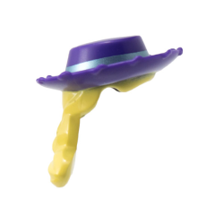 Minifigure, Hair Combo, Hat with Hair, Bright Light Yellow Long Braid with Hole for Pin on Back, Wide Cowboy Hat with Metallic Light Blue Ribbon Pattern