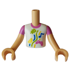 Torso Mini Doll Boy White Shirt with Dark Pink Collar and Game Controller, Blue Musical Note, Lime Leave, Yellow Lemon Slice and Lines Pattern, Medium Tan Arms with Hands with Dark Pink Short Sleeves