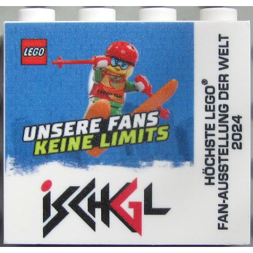 Деталь LEGO 49311pb044 Brick 1 x 4 x 3 with LEGO and Ischgl Logos, 'UNSERE FANS KEINE LIMITS' and 'Höchste LEGO Fan-Ausstellung der Welt 2024' Pattern