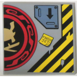 Tile 6 x 6 with Bottom Tubes with Samurai Helmet and Swords in Red and Black Circle Right Half, Arrow and 'FINISH JET!' Pattern (Sticker) - Set 70596