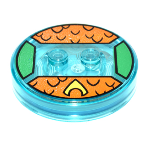 Деталь LEGO 18605c01pb21 Dimensions Toy Tag 4 x 4 x 2/3 with 2 Studs and Trans-Light Blue Bottom with Yellow Symbol and Black Scales on Orange Background Pattern (Aquaman)