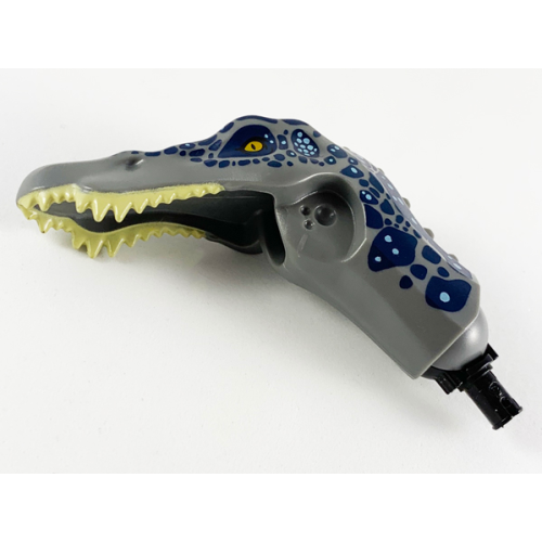 Деталь LEGO 53309c01pb01 Dinosaur Head Baryonyx with Pin, Tan Teeth, Dark Blue and Metallic Light Blue Spots Pattern