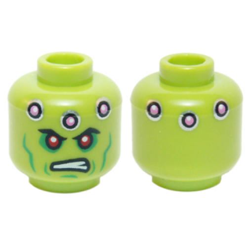 Деталь LEGO 3626pb1229 Minifigure, Head Alien with Red Eyes, Green Cheek Lines, Dark Pink Circles and Scowl Pattern (Brainiac)