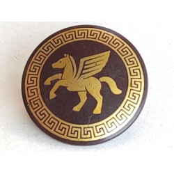Minifigure, Shield Circular / Round Convex Face with Gold Winged Horse Pattern Minifigure, Shield Circular / Round Convex Face with Gold Winged Horse Pattern