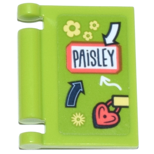 Деталь LEGO 24093pb099 Minifigure, Utensil Book Cover with Diary with Dark Blue and White Arrows and 'PAISLEY', Coral Heart Lock, Bright Light Yellow Flowers Pattern (Sticker) - Set 42647