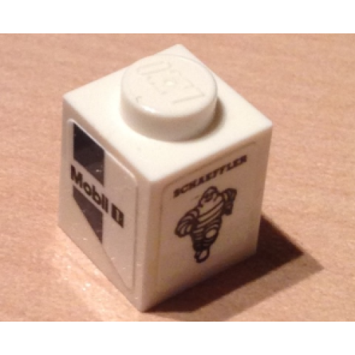 Деталь LEGO 3005pb035L Brick 1 x 1 with 'Mobil 1' and Dark Bluish Gray Markings and 'SCHAEFFLER' with Michelin Logo Pattern Model Left Side (Stickers) - Set 75876