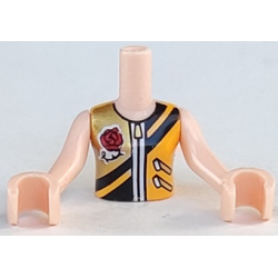 Torso Mini Doll Girl Bright Light Orange Vest with Zippers, Black Stripes and Gold Panel with Rose Pattern, Light Nougat Arms with Hands