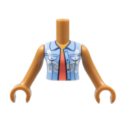Torso Mini Doll Woman Bright Light Blue Vest with White Filigree over Coral Shirt Pattern, Medium Nougat Arms with Hands