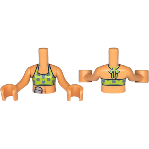Деталь LEGO FTGpb485c01 Torso Mini Doll Girl Lime Green Bikini Top with Sand Blue Cat Head Silhouettes, Light Bluish Gray Ostomy Bag, and Dark Orange Scar on Stomach Pattern, Nougat Arms with Hands