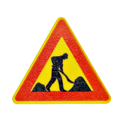 Road Sign 2 x 2 Triangle with Clip with Road Repair Worker and 2 Piles Pattern - Yellow