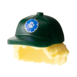 Minifigure, Hair Combo, Hair with Hat, Bushy Hair with Dark Green Ball Cap with Blue Patch with White Paw Pattern Minifigure, Hair Combo, Hair with Hat, Bushy Hair with Dark Green Ball Cap with Blue Patch with White Paw Pattern