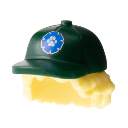 Деталь LEGO 53980pb02 Minifigure, Hair Combo, Hair with Hat, Bushy Hair with Dark Green Ball Cap with Blue Patch with White Paw Pattern