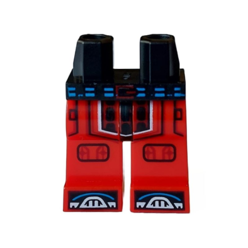 Деталь LEGO 970c05pb29 Hips and Red Legs with Blue Belt, Dark Red Buckle and Panel, Knee Pads, Black Shoe Tips with White Toes Pattern